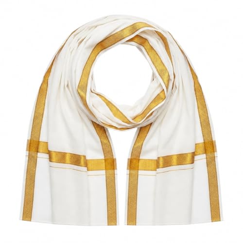 Traditional White Cotton Scarf with Golden Border | Angavastram f...