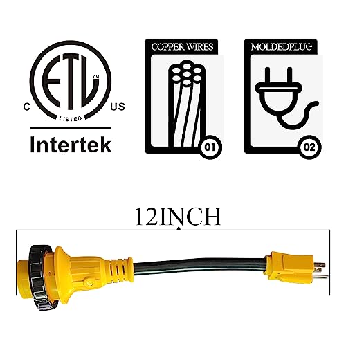 RV Adapter Cords 15 amp (5-15P) Male to 30 amp (L5-30R) Female with Twist Locking and Handle,30A 125V 12-inch (CRT1530) - Thumbnail 6