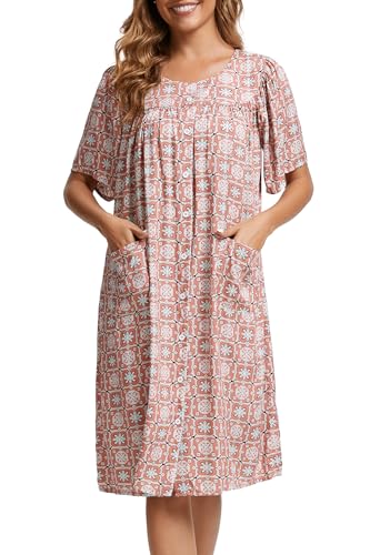 Image of COSUNIONY House Dresses for Women Cotton Short Sleeve House Coat Buttons Down Dusters Robe with Pockets S-XXL