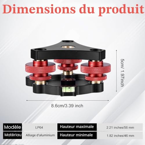 Tripod Leveling Base, Camera Leveler with Bubble Level 3 Axis Tri Wheel Head 3/8" Thread +/-5° Adjustable Precise Angle Aluminum Alloy Tripod Head Leveling Base for Macro Panoramic Photography - 2