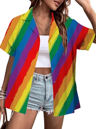 Tewmeu Camisa de orgullo con botones para mujer, camisa de teñido anudado para mujer, traje retro de arco iris, ropa de fiesta de neón, líneas Tie Dye(Tie Dye Stripe), M