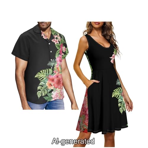 Image of Dreaweet Summer Dresses for Women A-Line Sleeveless Flowy Sun Dresses,Men's Casual Button-Down Shirts,Couple Matching Outfits