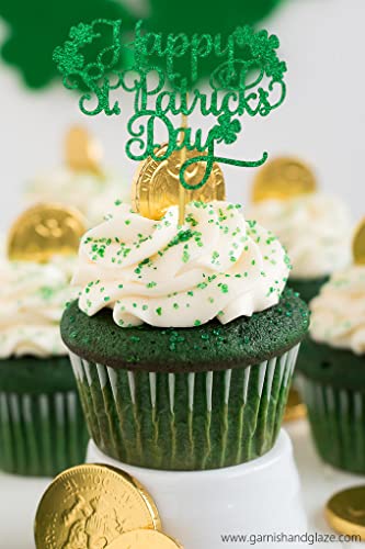 Green Glitter St Patricks Day Cupcake Toppers Decorations, Happy St.patricks Day Cupcake Toppers For St Patricks Day Party Decoration, St Patricks Four Leaf Clover Shamrock Cupcake Topper -24Pcs #TOP1
