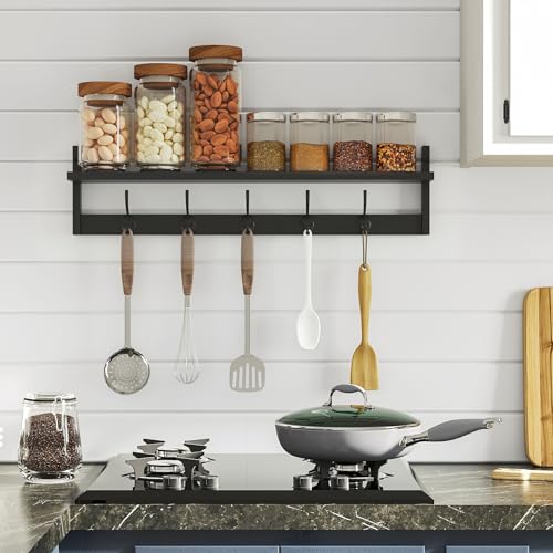 BAMEOS Wall-Mounted Shelf with Hooks - 28.9 Inch Entryway Hanging Shelf with 5 Dual Hooks for Bathroom, Living Room, Bedroom (Black) by BAMEOS - Image 4