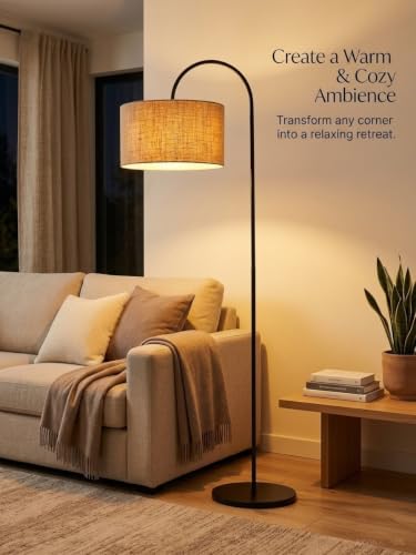 Image of Floor Lamp for Living Room & Bedroom | 60 inch Tall Arc Standing Lamp with Jute Shade | Corner Reading Lamp | Modern Home Decor Light | Matte Black Metal Base