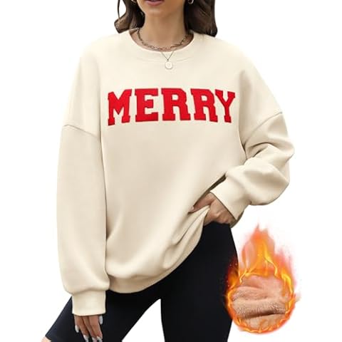 Jyanl Christmas Sweatshirts Hoodies Merry Sweaters Tops Fleece Pullover Hoodie Crewneck Oversized Sherpa Lined Hoodie Apricot Cover
