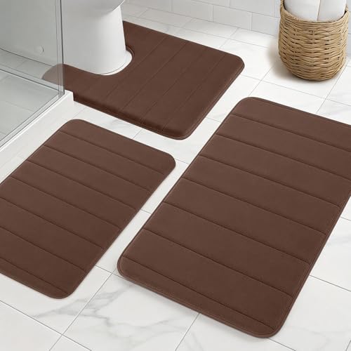 KescherAb Bathroom Rugs Sets 3 Pieces Thicker Memory Foam Bath Mat with Non Slip Backing Machine Wash Dries Quickly Ultra Soft Coffee Bath Carpet with Toilet Rug for Bathroom Kitchen Tub