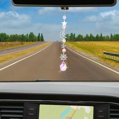 XLIUAX Moon and Star Rear View Mirror Car Charm, Cute Boho Sun Catcher Pendant Hangings Ornaments Healing Crystals Stones Car Decor for Women Men(A)