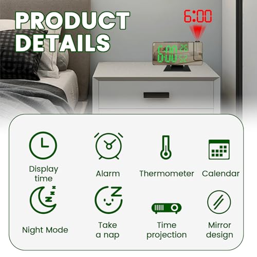 Digital Projection Alarm Clock for Bedroom Ceiling Wall - 180° Rotatable Projector Clock with 4 Level Dimmable Mirror Large LED Display, Smart Desktop Mirror Clock with Snooze for Heavy Sleepers - Image 3