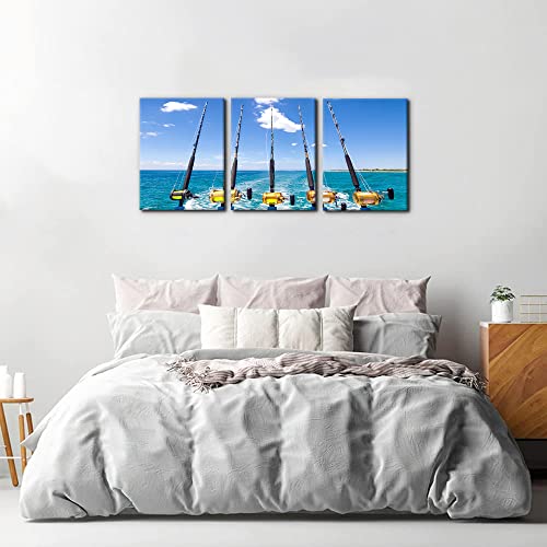 3 Pieces Canvas Wall Art Row Of Five Fishing Rod And Reel Pictures Blue Seascape Wall Paintings For Living Room Bedroom Fishing Tackle Artwork Hd Prints Modern Home Decor Framed - 12"X16"X3 Panel #TOP2