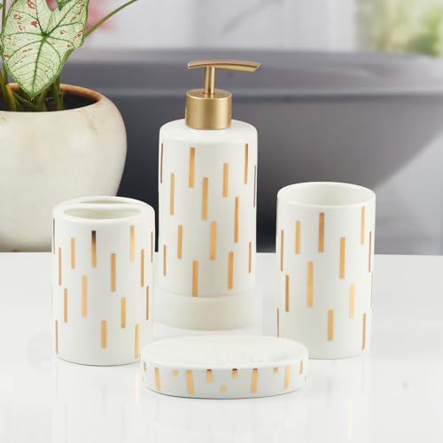 Image of SaSaSa Ceramic Bathroom Accessories Set of 4 Modern Bath Set with Soap Dispenser & Toothbrush Holder, Luxury Home & Gift Idea (11374)