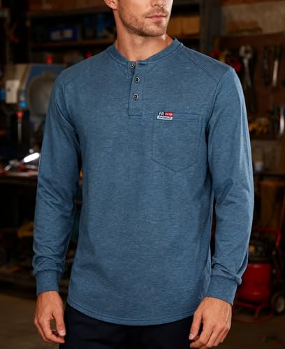 Image of BOCOMAL FR Shirts for Men Long Sleeve EX Soft Flame Resistant Henley CAT2 | NFPA2112 6oz Midweight Cotton Knit Heather Series,Moisture-Wicking /Breathable,Chest Pocket,Rib-Knit Cuffs,Summer Work T Shirt