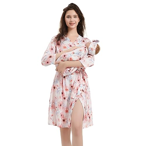 Image of Galabloomer Maternity Robe and Baby Receiving Blanket, Matching Mommy Labor Delivery Robe and Swaddle Set (m, pink blue)