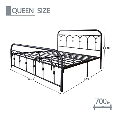 Aufank Queen Size Metal Bed Frame Platform No Box Spring Needed With Vintage Headboard And Footboard Premium Steel Slat Support Mattress Foundation Black #TOP1