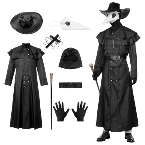 Angenster Plague Doctor Outfit for Adult With Mask Hat Robe Cane Gloves Necklace Belt Syringe Tube Pouch - Halloween Witch Doctor Costume for Women Men