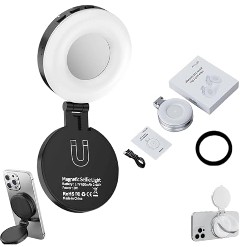3-in-1 Magnetic Beauty Selfie Light per Phones 360° Foldable Phone Ring con Mirror Portable Rechargeable LED Lights Adjusted 3 Modes per nero