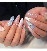 24Pcs Almond Press on Nails Medium Fake Nails 3D Flower Butterfly French Tip False Nails Stick on...