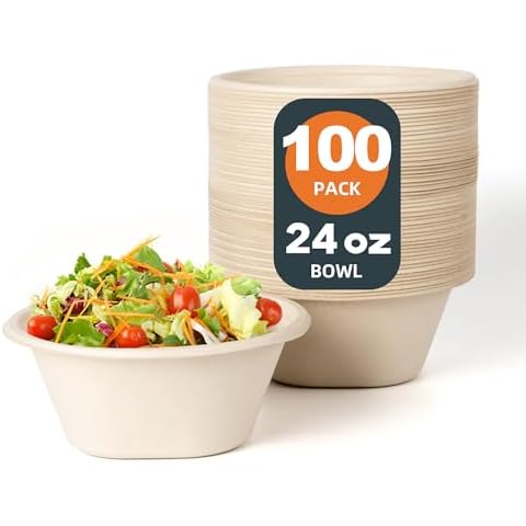 hooray mida 24 OZ Heavy Duty Disposable Bowls - Eco-friendly Sugarcane Bagasse - Biodegradable and Compostable - Ideal for Cereal, Rice, French Fries [100 Pack] Cover
