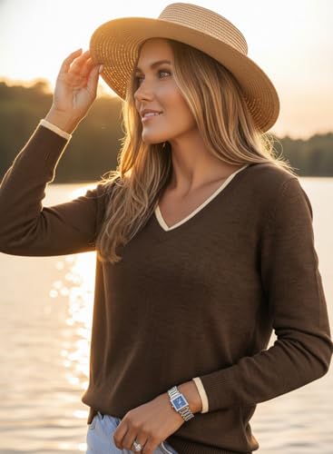 Image of Dokotoo Womens Sweaters Dressy Casual V Neck Lightweight Wool Tops | Long Sleeve,Fall Clothes,Ribbed Hem,Warm,comfort, Casual Knit Pullover