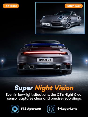 TINAZEOK Dash Cam Front and Rear 4K+1080P, 5GHz WiFi, Dual Dashcam with 64GB Card, App Control, 1.47" IPS Screen, 24H Parking Mode, Night Vision, 170° Wide Angle, G-Sensor, WDR, Car Camera (C3) - Image 5