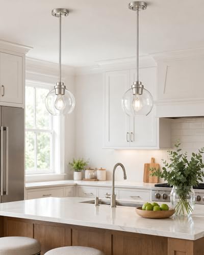 Image of Pendant Lights Kitchen Island 2 Pack, 7 inch Modern Brushed Nickel Hanging Lights Fixtures with Clear Glass Globe Shade, Kitchen Island Lighting for Bathroom, AD-22280-1P2-SN-C
