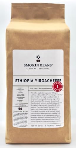 5 Pounds – African - Ethiopia Yirgacheffe - Unroasted Arabica Green Coffee Beans – Varietal Ethiopian Heirloom – Drying/Milling Process Washed SunDried – Unique Distinctive Taste - Roast at Home
