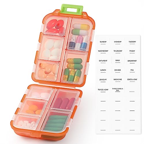 1 Pack Travel Pill Organizer W Lables, 10 Compartments Handy Pill Holder Box For Purse, Pocket, Bag - Portable Medicine Container Case - Mini Pharmacy For Daily Weekly Travel, Outdoor, Office - Orange #TOP7