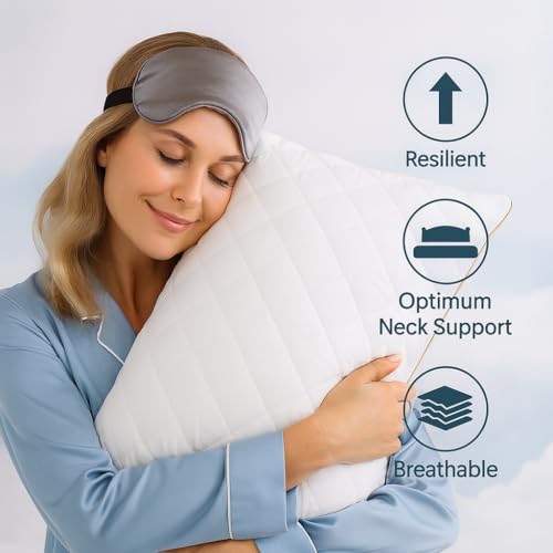 Image of Homerz Premium Set of 2 Quilted Pillow, Virgin Fiber Filled (17 x 27 inch / 43 x 69 cm) | Luxury Queen Size Bed White Microfiber Pillows |Neck Support, Machine Washable (Quilted, Set of 2)