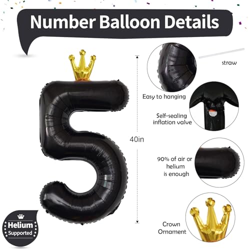 Image of 40 Inch Black 5 Number Balloons for Kids, Giant Foil 5th Birthday Number Balloon, Crown Self Inflating Balloons 0-9 Set for Girls Boys 15th Birthday Party Decor Anniversary Decorations Boys Supplies