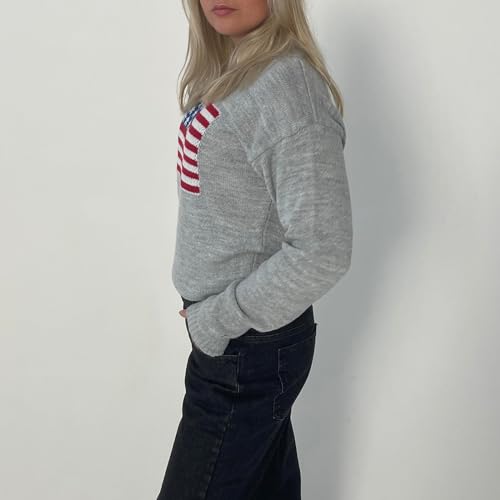 Image of Womens American Flag Sweater Long Sleeve Crew Neck Star Graphic Knit Pullover Tops Casual Loose USA Sweater