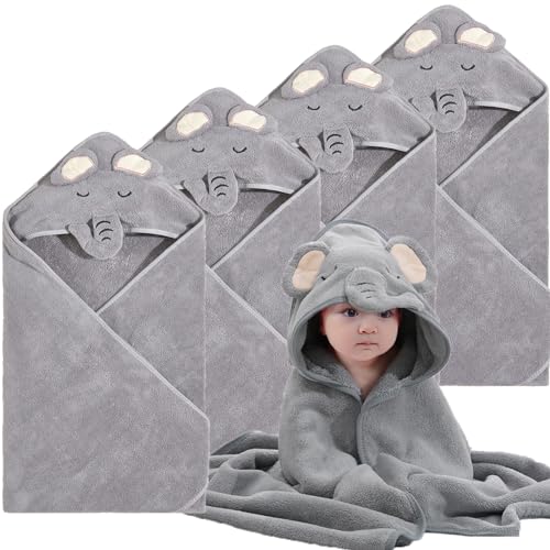 Image of Baby Hooded Towels 4 Pack Unisex Bath Essentials 31.5x31.5 in Coral Fleece Super Soft Absorbent Baby Towels Newborn Necessities Gift Baby Stuff Towel with Hood for Boy, Girl, Babies, Toddlers