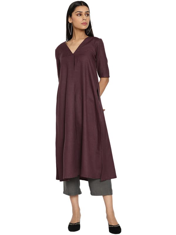 true Browns Women's Cotton Linen V-Neck Cotton Linen Purple Kurta Pant Set (Purple)