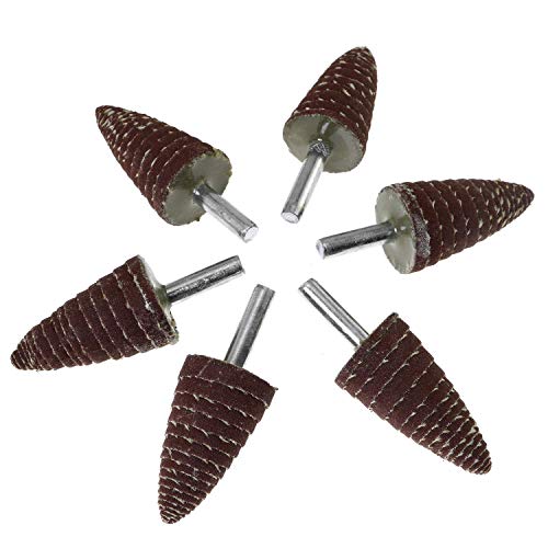 SQXBK 6 Stück Schleifpapier mit 0,6 cm Schaft, Kegelform, Schleiftuch, Polieren, Rotationswerkzeug zum Entgraten, Schleifen, Polieren, 25 mm, Körnung 120 Cover