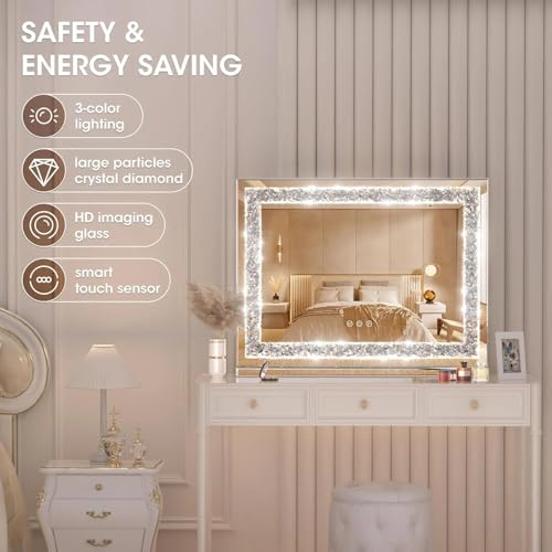 Image of Alfa Design Diamond Crush Wall Mounted LED Mirror | Touch Sensor 3 Light Modes for Bathroom Vanity Mirror, Washbasin, Farmhouse & Bedroom LED Crystal Rectangular 24 x 18 inch