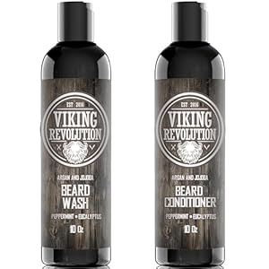 Viking Revolution Beard Shampoo and Conditioner Set – Top-tier Beard Care Kit with Argan & Jojoba Oils for Healthy Beard Growth, No Itching or Irritation, Rich Lather, Eucalyptus Scent (10 oz)