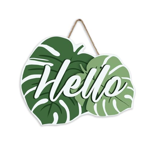 Bolisom Hello Spring Summer Monstera Front Door Sign, Tropical Plant Botanical Wood Plaque Hanger Outdoor Outside Porch Home Decor, Farmhouse Wooden Wreath Indoor Wall Hanging Decoration