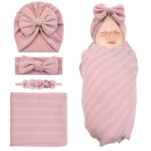 Cinaci 4pcs Dusty Pink Soft Nursery Newborn Baby Receiving Swaddle Blanket with Matching Turban Hat Bow Headbands Floral Nylon Headbands for Baby Girls Newborn Infants