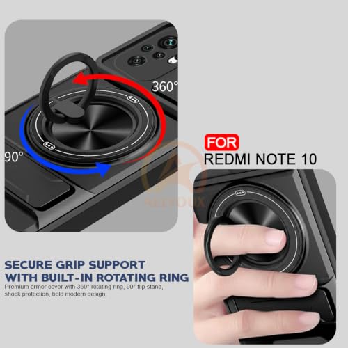 Image of Redmi Note 10 / 10S / 11 SE 5G Back Cover | Armor Camera Slider 360 Degree Rotating Finger Ring Holder Case with Bracket Stand Back Case Cover (Compatible with MagSafe Accessories) (Black)