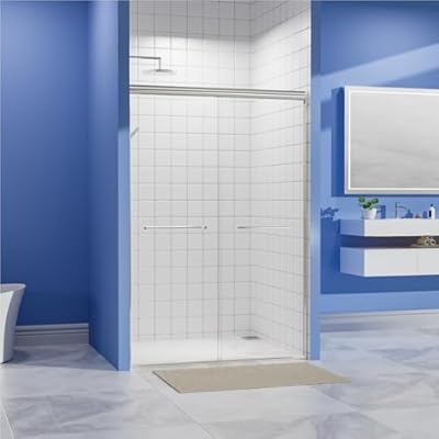44"-48" W x 72" H Semi-Frameless Double Sliding Shower Door, 1/4-Inch (6mm) Clear Tempered Glass, Stainless Steel Handle -Shower Enclosure for Bathroom (Chrome)
