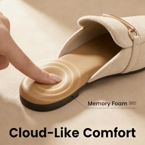 Image of MUSSHOE Gold Buckle Mules for Women - Comfortable Memory Foam Loafers, Classy Slip On Flats for Office Business Casual, Dressy Pointed Toe Shoes