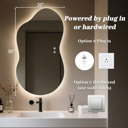 Image of WallBeyond 36 inchx20 inch Irregular LED Vanity Mirror with Backlight, Asymmetrical Bathroom Mirror with Lights for Makeup or Modern Sink Area, Anti-Fog & Dimmable, Horizontal /Vertical Mount