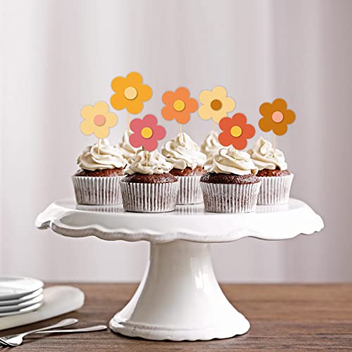 Whaline 32Pcs Groovy Retro Hipple Flower Cupcake Toppers 3D Colorful Pink Boho Cupcake Picks With Sticks Glue Point For Boho Party Supplies Cake Decorations #TOP5