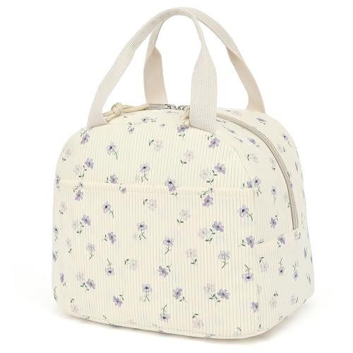 Dezcrab Corduroy Lunch Box for Women Girls, Cooler Lunch Bags Reusable Insulated Lunchbox for Picnic School Work Travel (Flowers Purple)