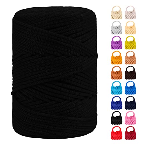 LEREATI Polyester Macrame Cord 3mm x 185yards, Braided Macrame Cord Polypropylene Silk Cord, Crochet Bag Polyester Yarn for Crocheting, Bag, Wall Hangings, Rug, DIY Crafts (Black)