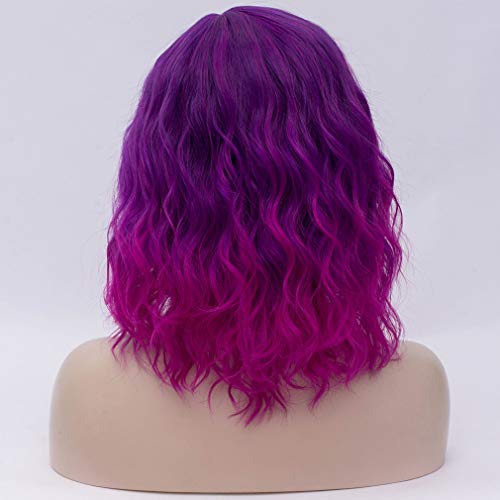 Image of BERON Purple Ombre Wigs for Womens Short Curly Wavy Girls Wig Dark Roots Purple Shoulder Length Hair Wig with Heat Resistant Synthetic Cosplay or Daily Use Wigs