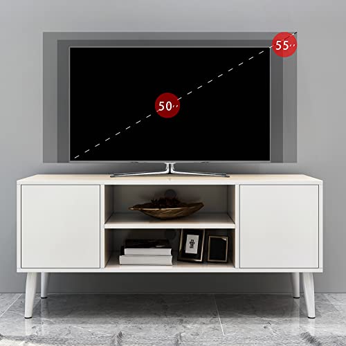 Yusong Retro Tv Stand For 55 Inch Tv, Entertainment Centers For Living Room Bedroom, Wood Tv Bench Table Tv Console Tv Cabinet With 2 Storage Cabinets And Open Shelves, Whie #TOP4