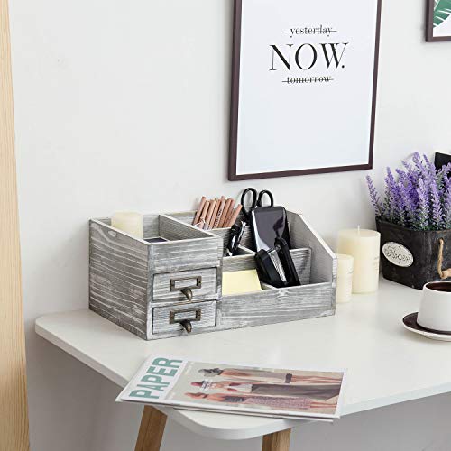 Distressed Rustic Wooden Office Desktop Organizer Wood Shelf Tabletop Home Organizer Storage With Multiple Compartments 2 Tier Drawers,Perfect Jewelry Storage Display Box For Desk, Vanity (Gray) #TOP6