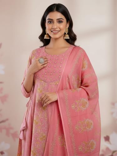 Image of Pure Cotton Anarkali Kurta Set for Women with Dupatta | 3 Piece Cotton Anarkali Suit | Floral Aari Work | Flared Ethnic Wear