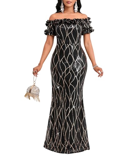 Image of dasmzper Women Sexy Sequin Off Shoulder Ruffle Short Sleeve Bodycon Mermaid Party Formal Evening Maxi Dress