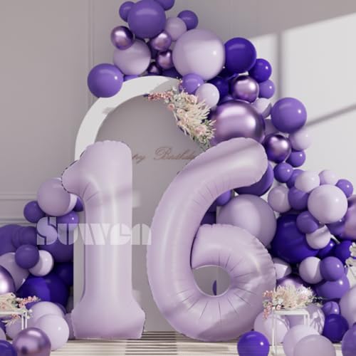 Image of SUWEN 40 Inch Light Purple Lavender Big 16 Balloon Number Foil Helium 0-9 | 16th Large Giant Birthday Huge Mylar Jumbo Happy Party 61 Anniversary Decorations